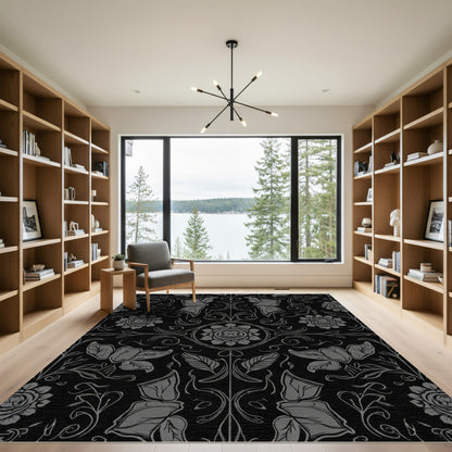 Dark Charcoal Floral Art Nouveau Rug