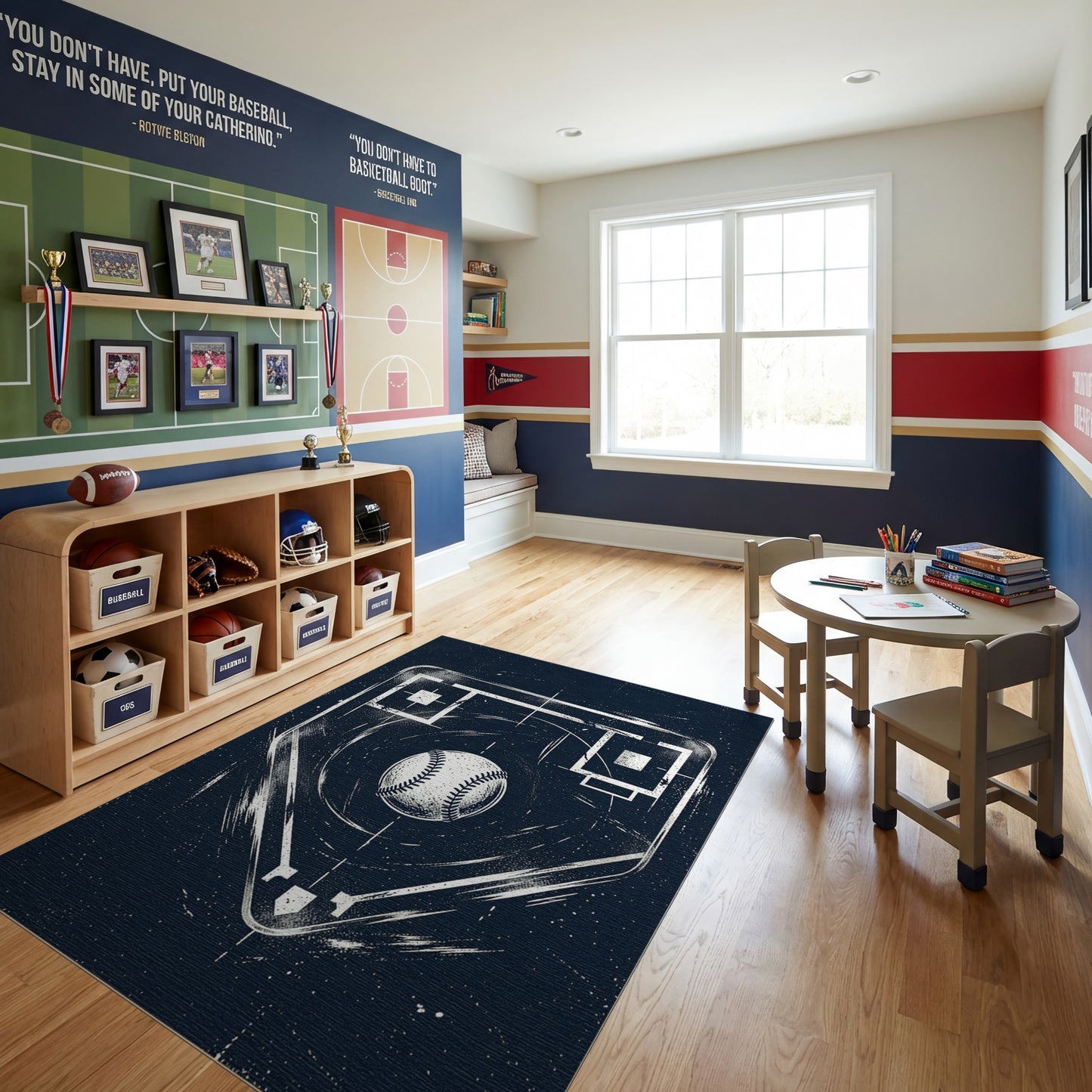 Distressed White Baseball Diamond Navy Rug