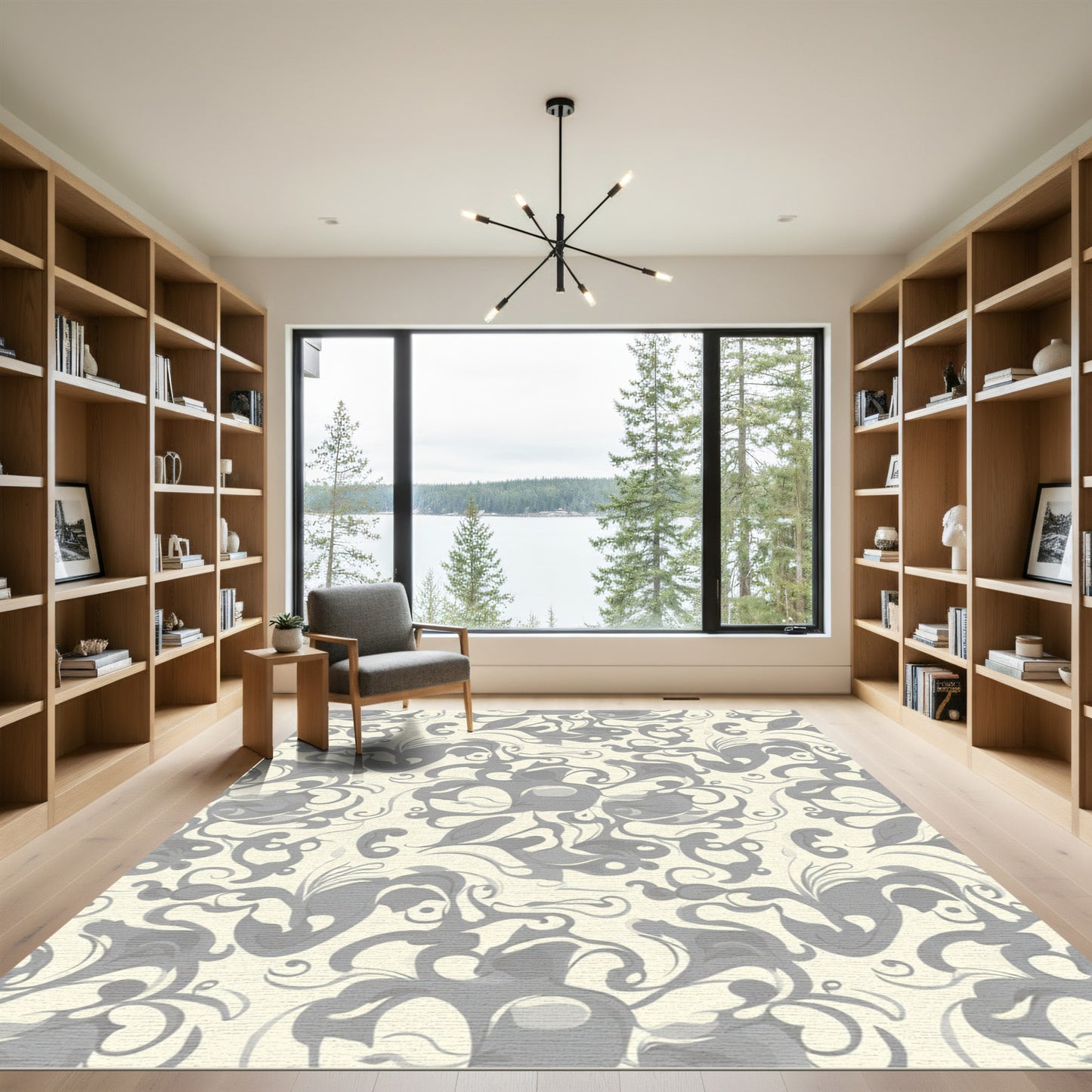 Elegant Gray Ivory Swirl Floral Rug
