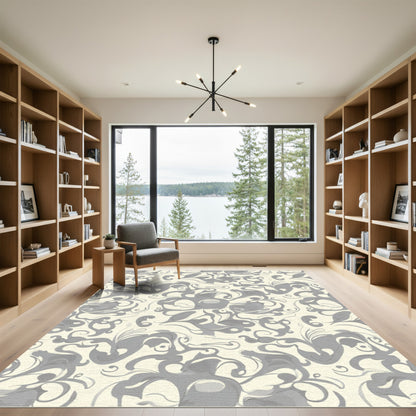 Elegant Gray Ivory Swirl Floral Rug