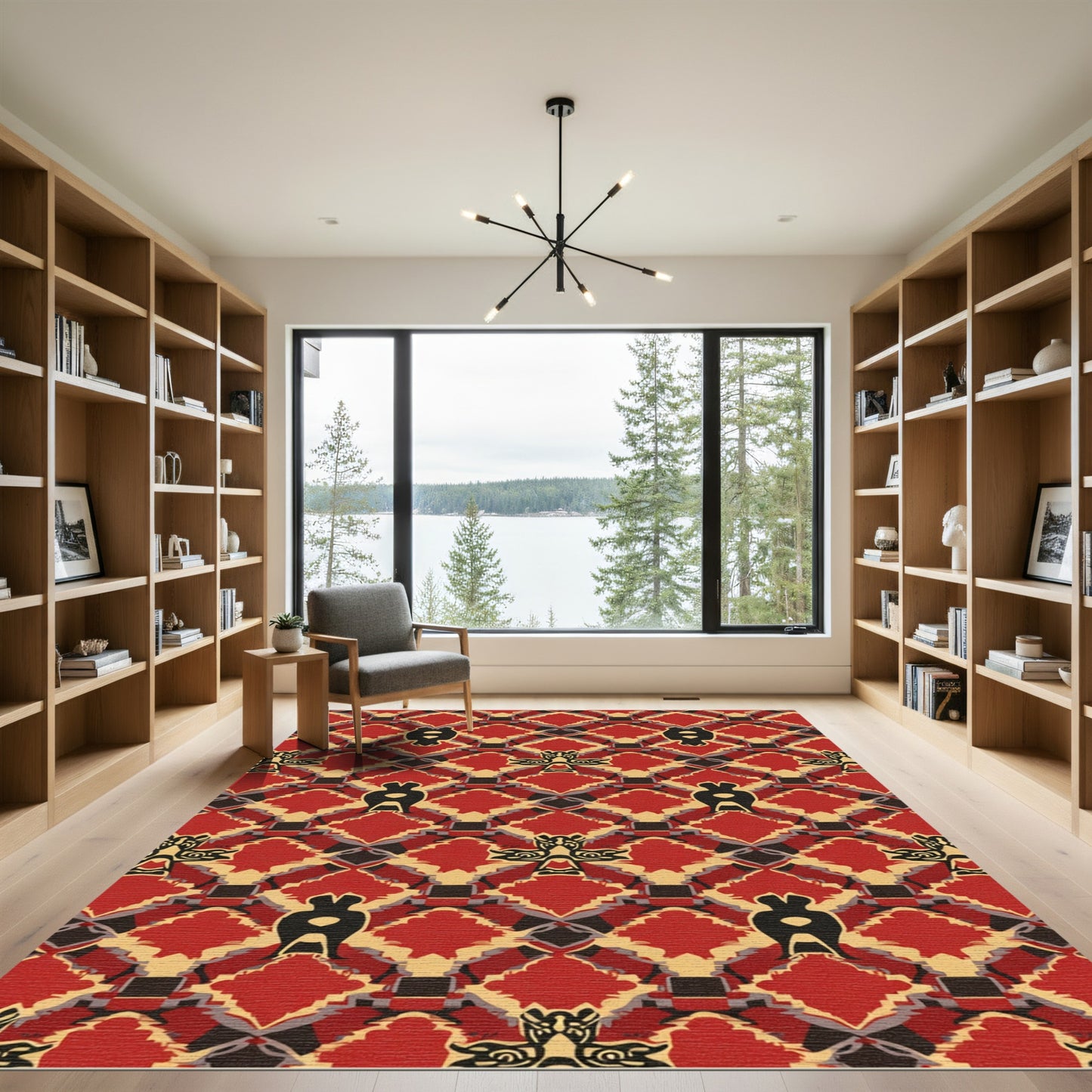 Vibrant Red Black Graphic Medallion Rug