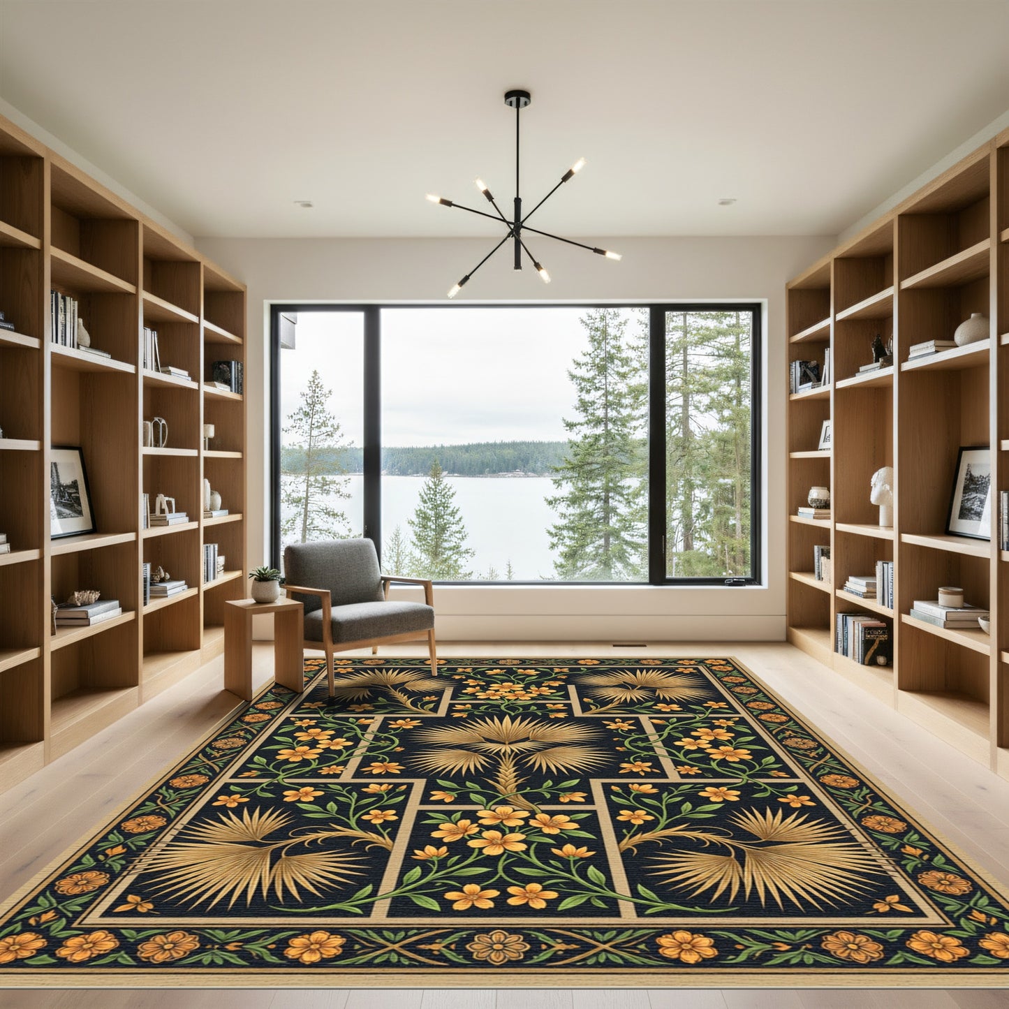Golden Palm and Floral Botanical Rectangular Area Rug