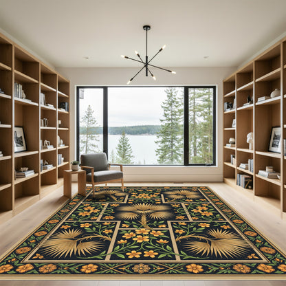Golden Palm and Floral Botanical Rectangular Area Rug