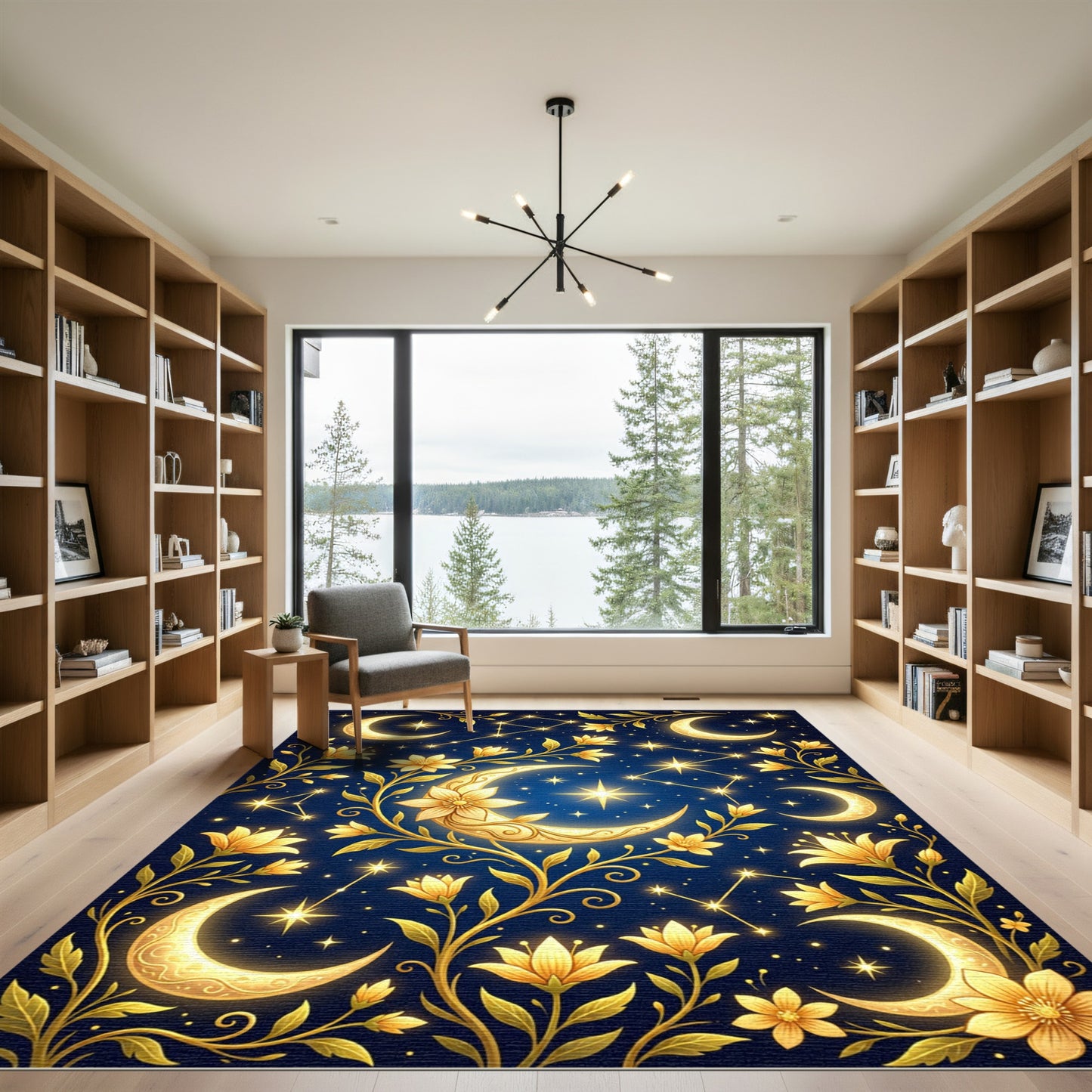 Golden Celestial Crescent Moon Floral Art Rug