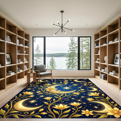 Golden Celestial Crescent Moon Floral Art Rug
