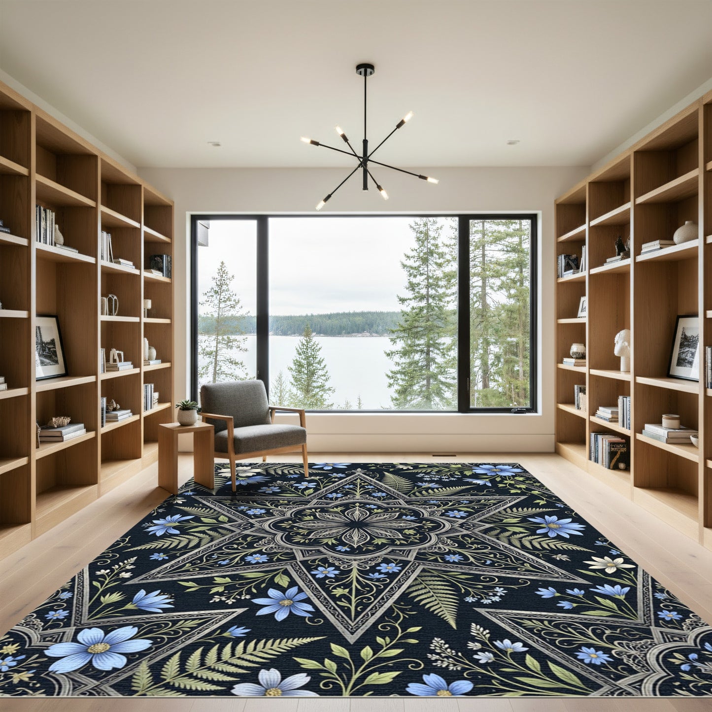 Midnight Blue Celestial Floral Star Rug