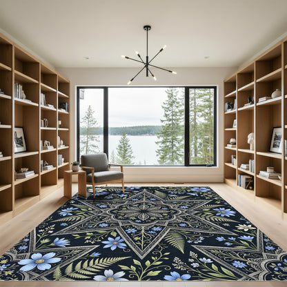 Midnight Blue Celestial Floral Star Rug