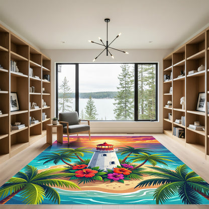Tropical Sunset Lighthouse with Palm Trees Rug