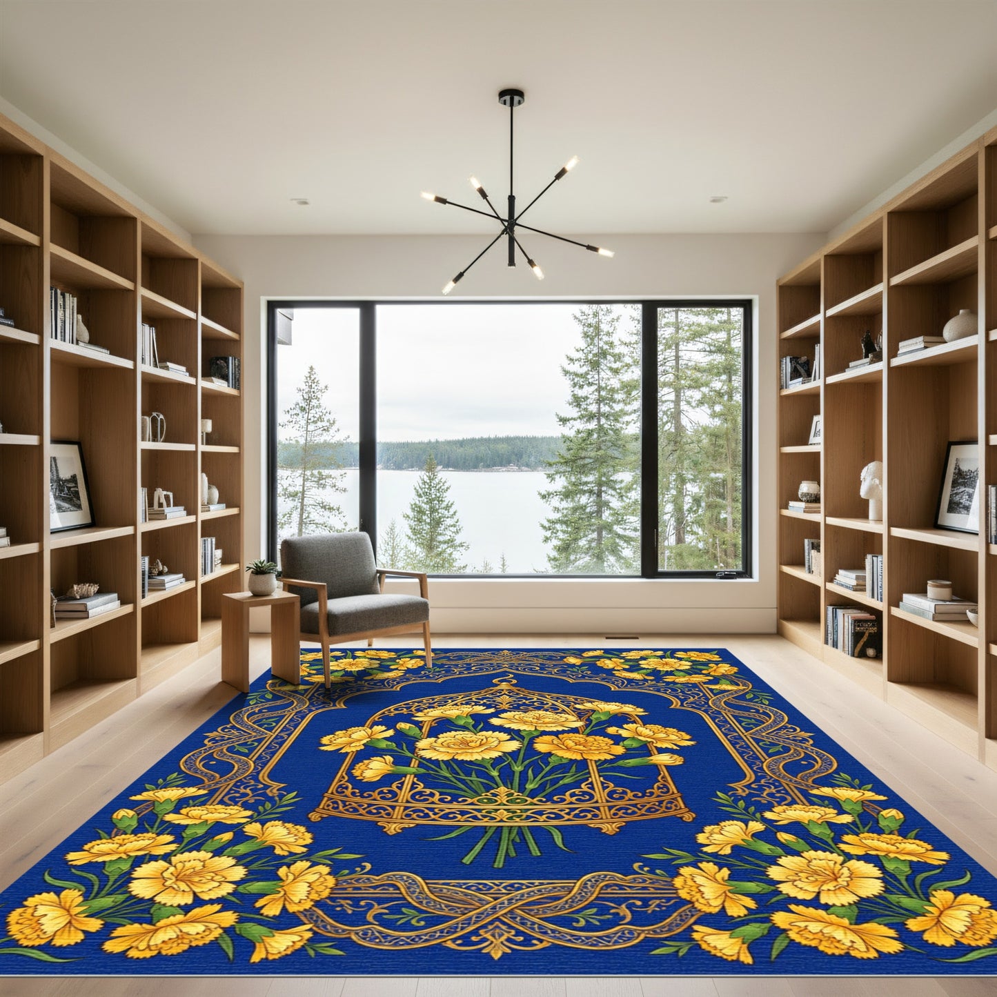 Golden Carnation Floral Cage Royal Blue Rug
