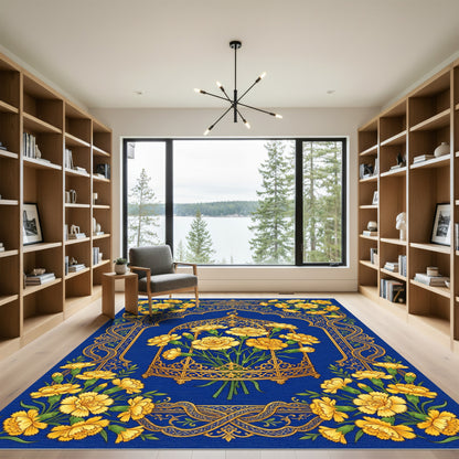 Golden Carnation Floral Cage Royal Blue Rug