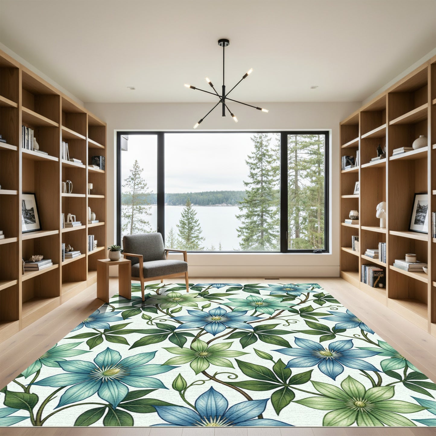 Botanical Blue and Sage Clematis Floral Rug