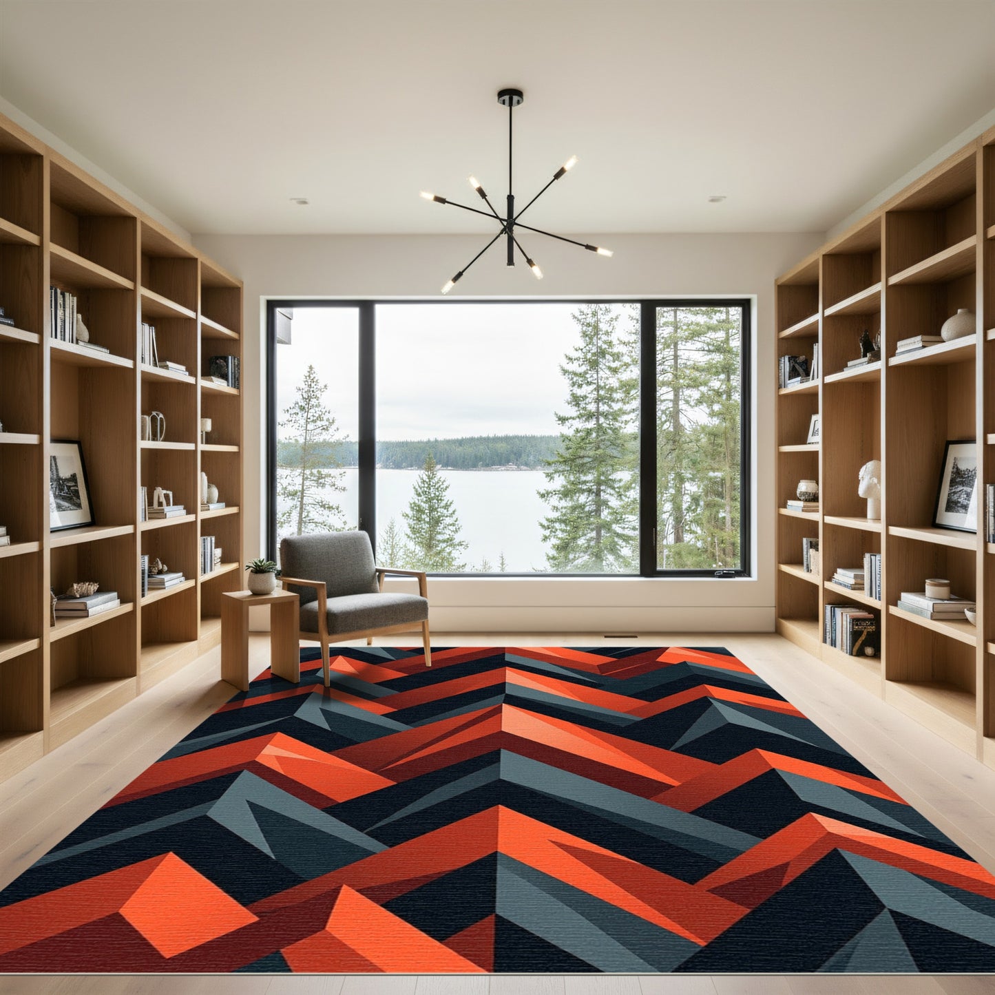 Geometric Charcoal and Burnt Orange Zigzag Rug