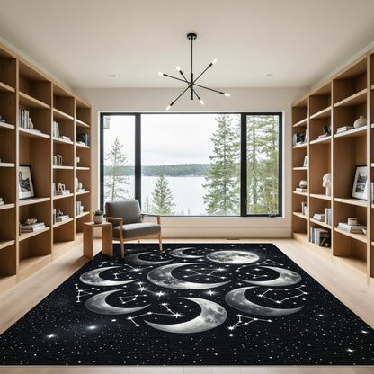 Celestial Silver Moon and Star Constellations Rug