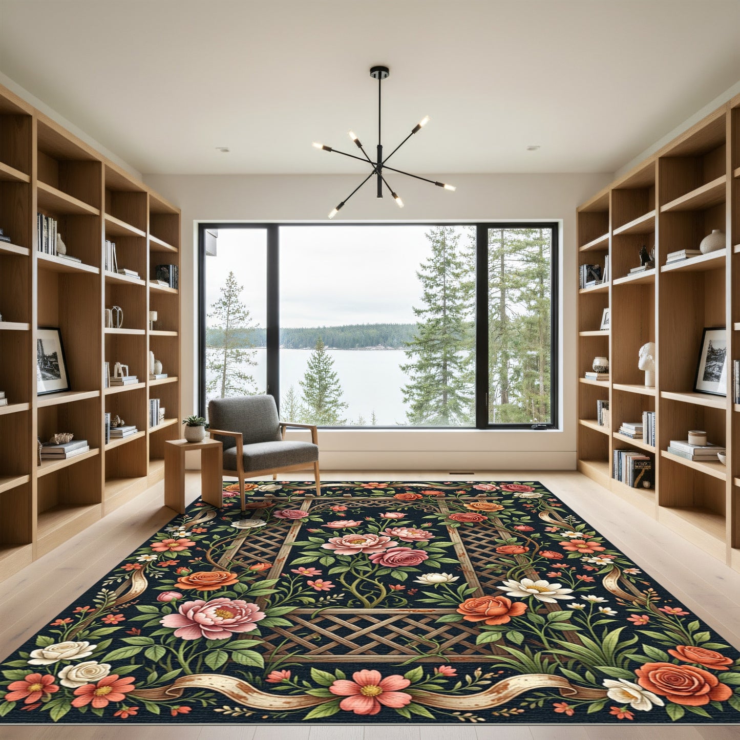 Elegant Trellis Floral Dark Botanical Rug