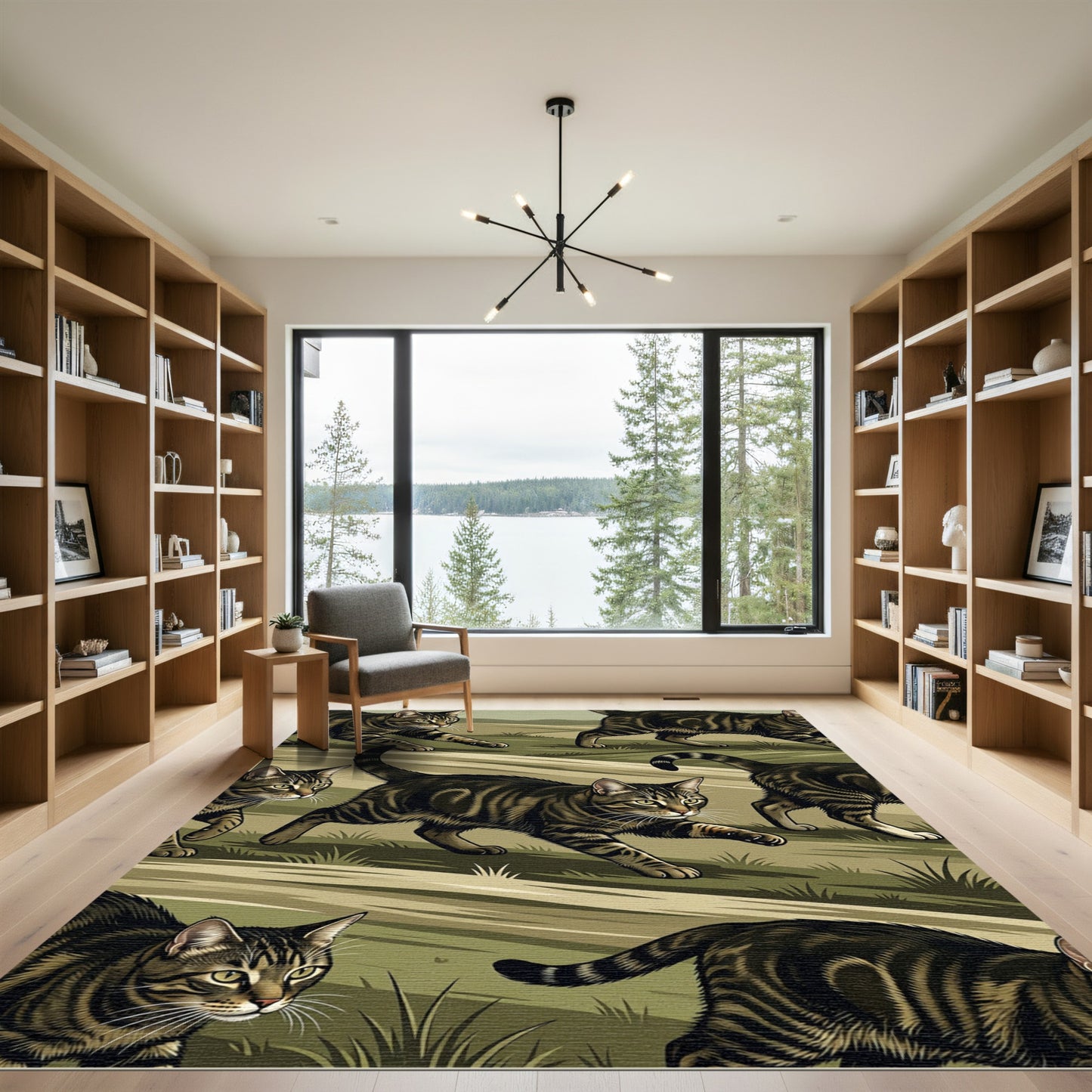Tabby Cats Running Through Green Hills Rug