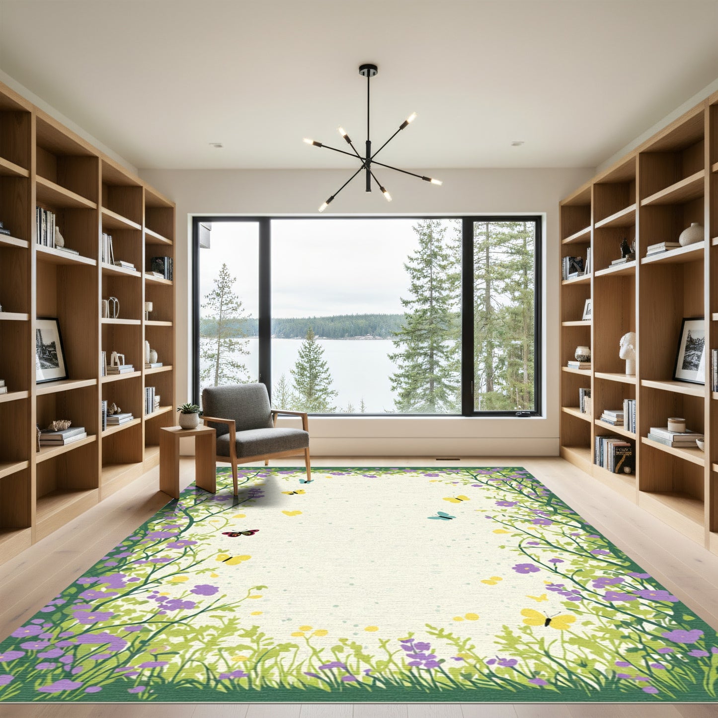Whimsical Purple Floral Butterfly Garden Rug
