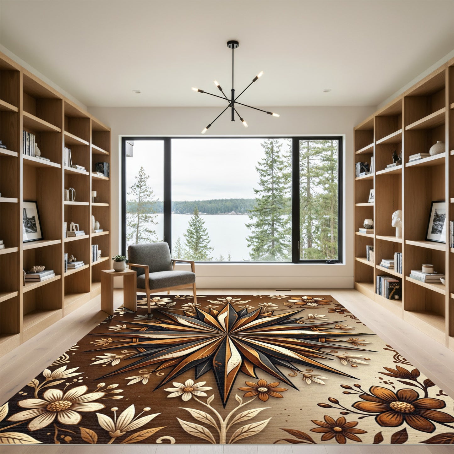 Dramatic Gold Black Starburst Floral Rug