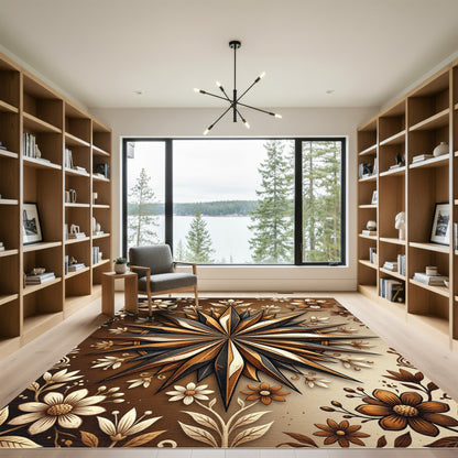 Dramatic Gold Black Starburst Floral Rug