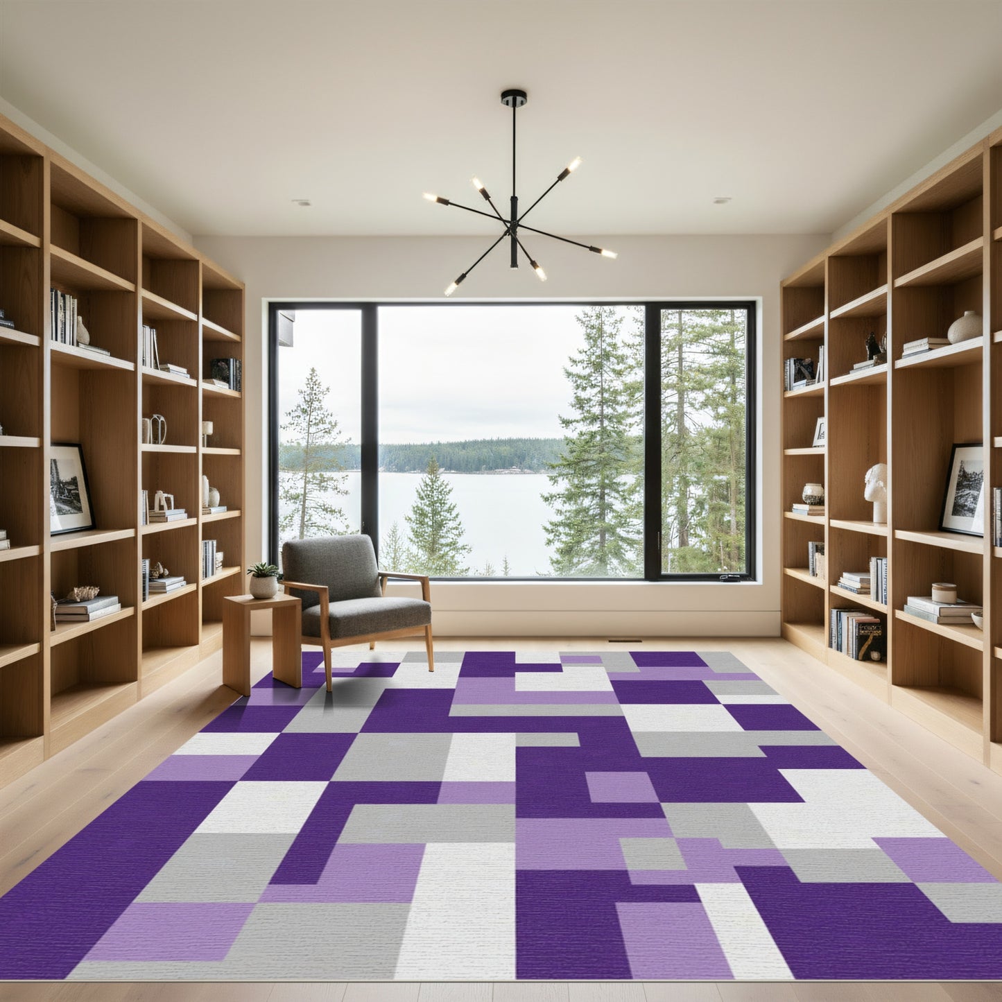 Retro Purple Gray Geometric Blocks Rug