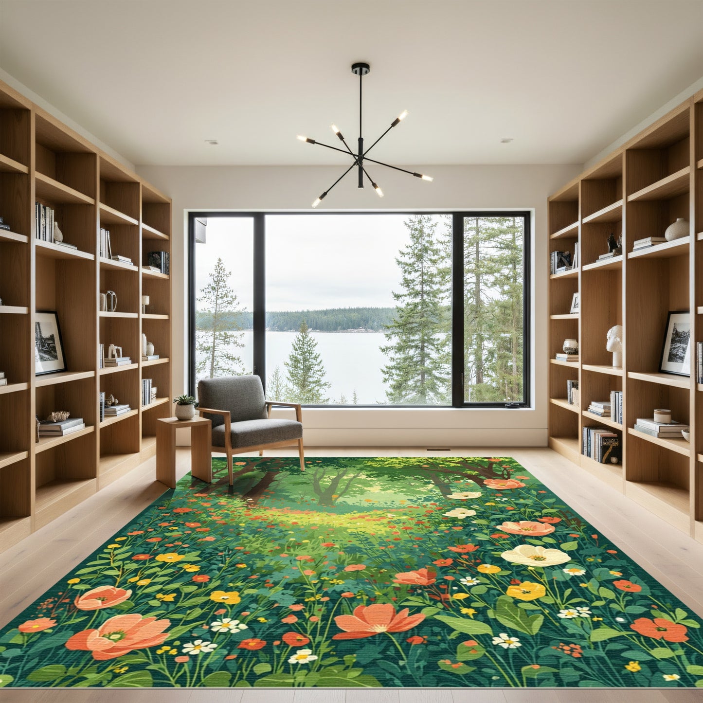 Enchanting floral meadow with lush trees Rug