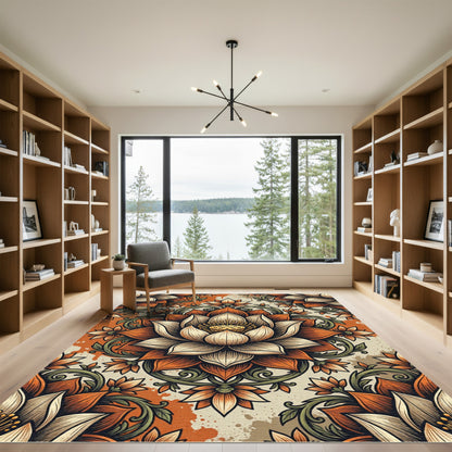 Terracotta Lotus Floral Symmetry Medallion Rug