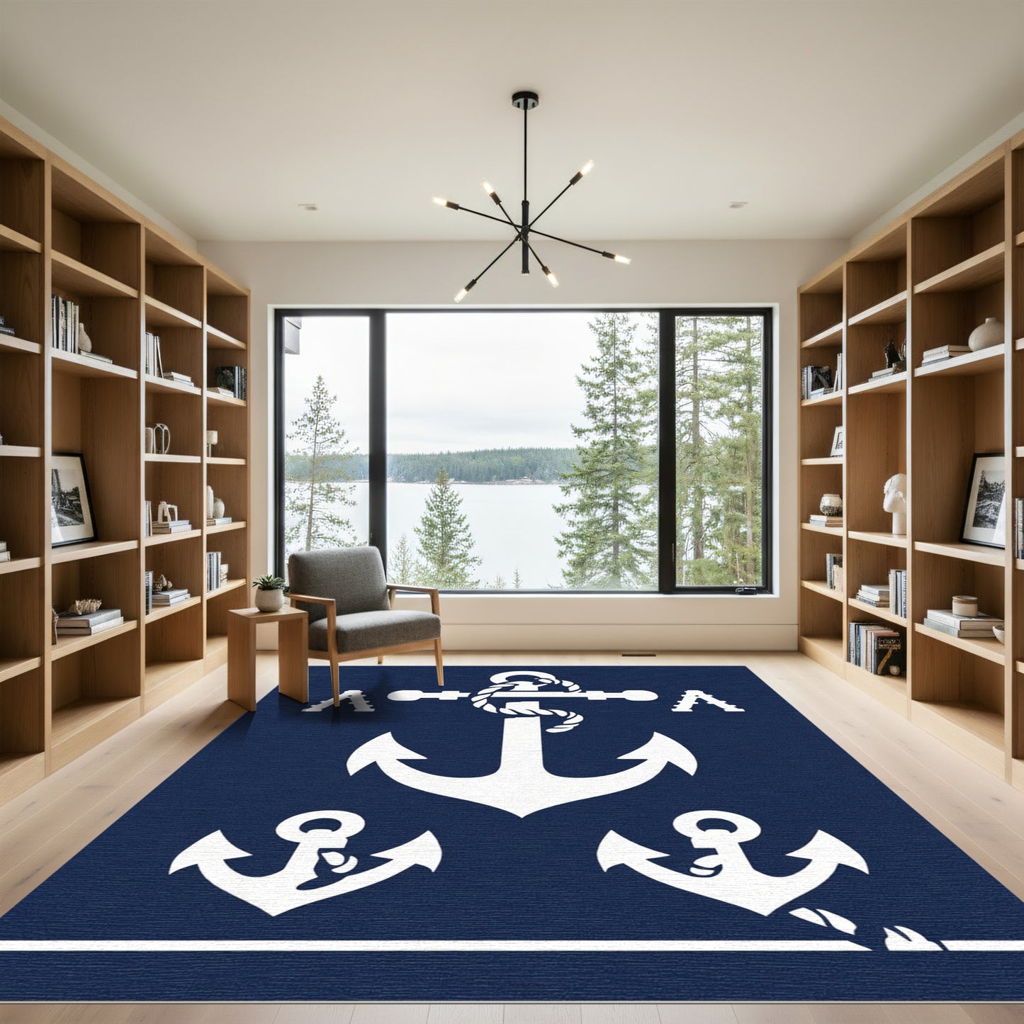 White Anchor Nautical Navy Rug