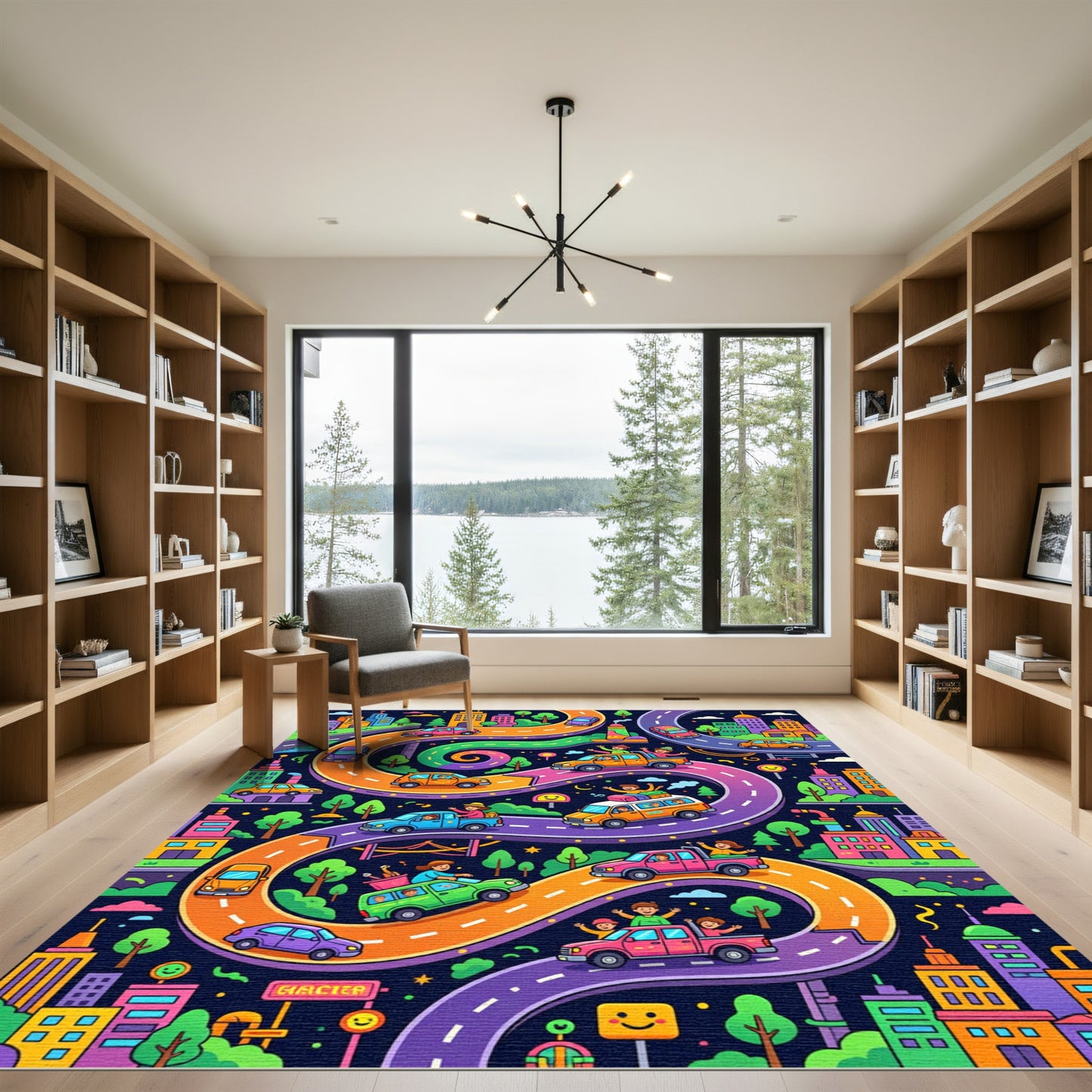 Vibrant Colorful Winding City Road Illustration Rug