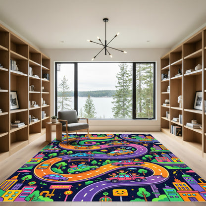 Vibrant Colorful Winding City Road Illustration Rug