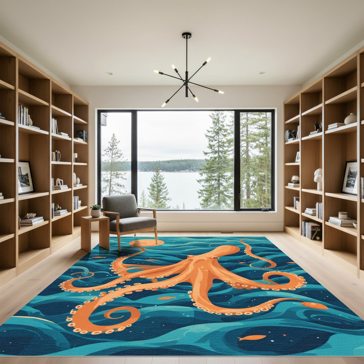 Orange Octopus Ocean Waves Rug