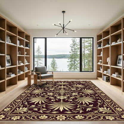 Ornate Gold Floral Symmetry on Burgundy Rug