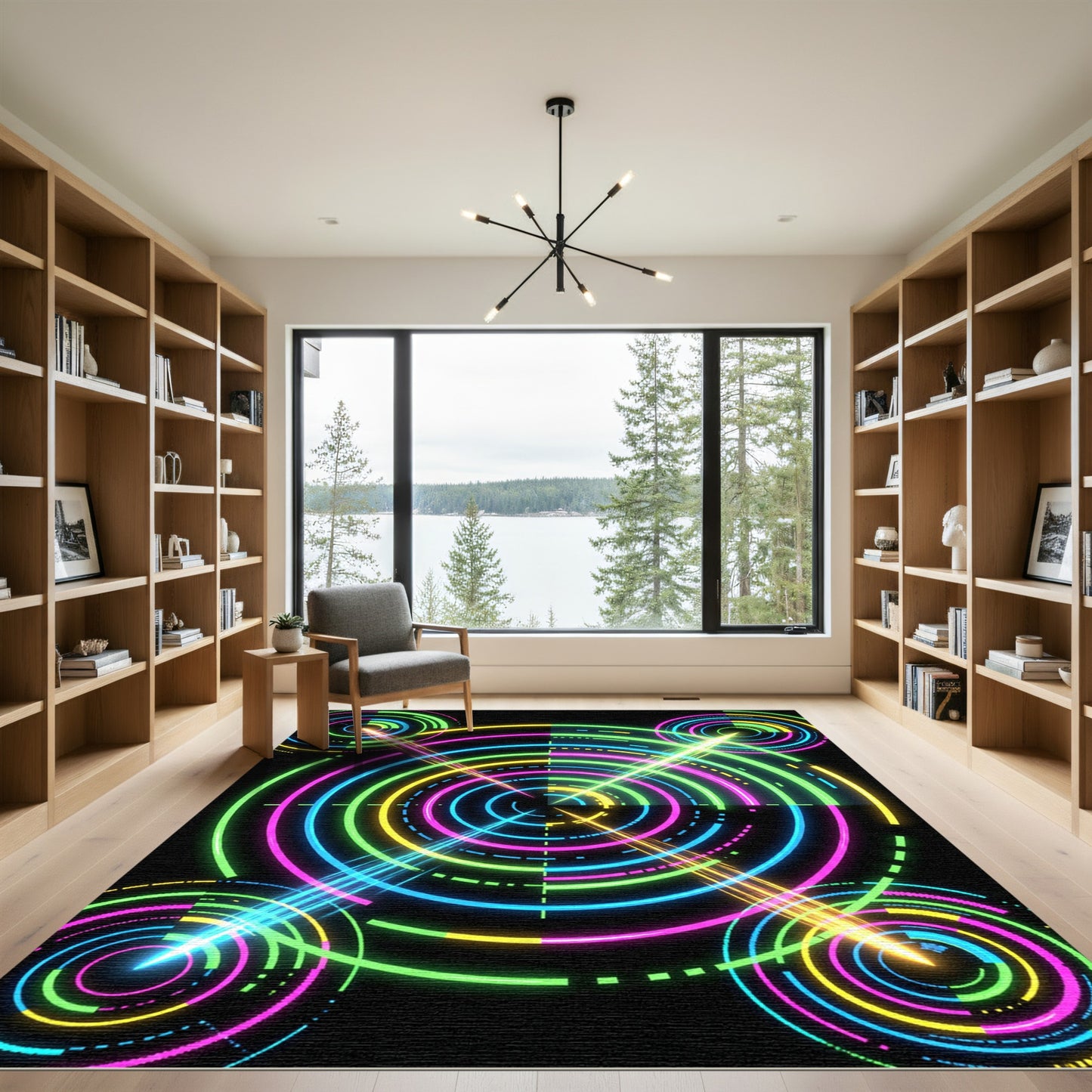 Neon Cybernetic Circular Ray Grid Rug