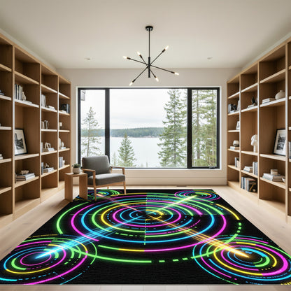 Neon Cybernetic Circular Ray Grid Rug