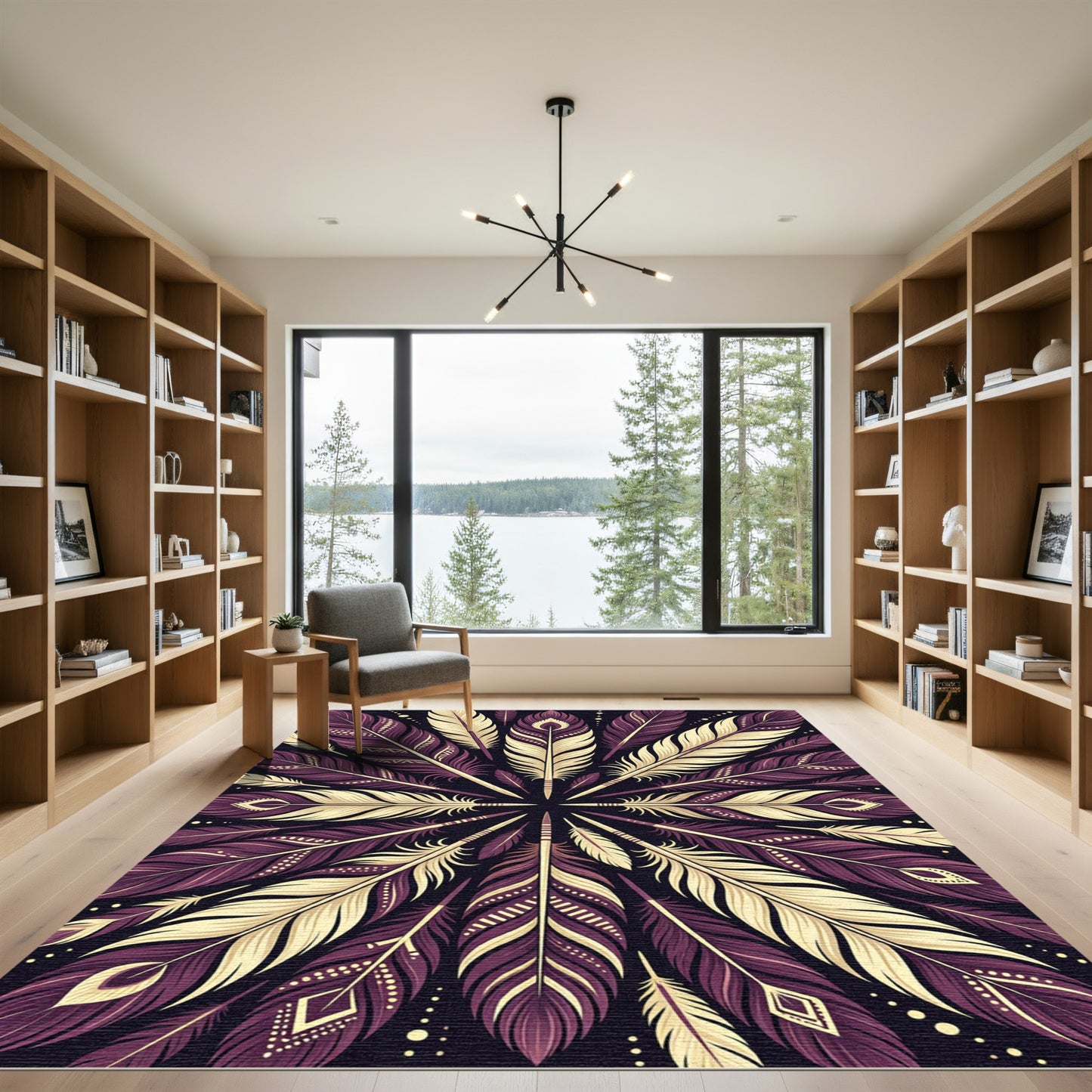 Deep Plum Feather Radial Mandala Rug