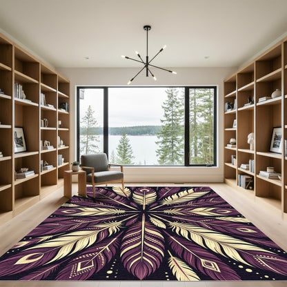 Deep Plum Feather Radial Mandala Rug
