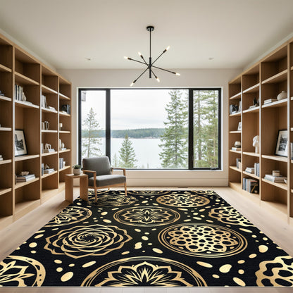 Gold Medallion Black Mandala Rug