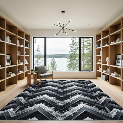 Frosted Silver Chevron Geometric Charcoal Rug