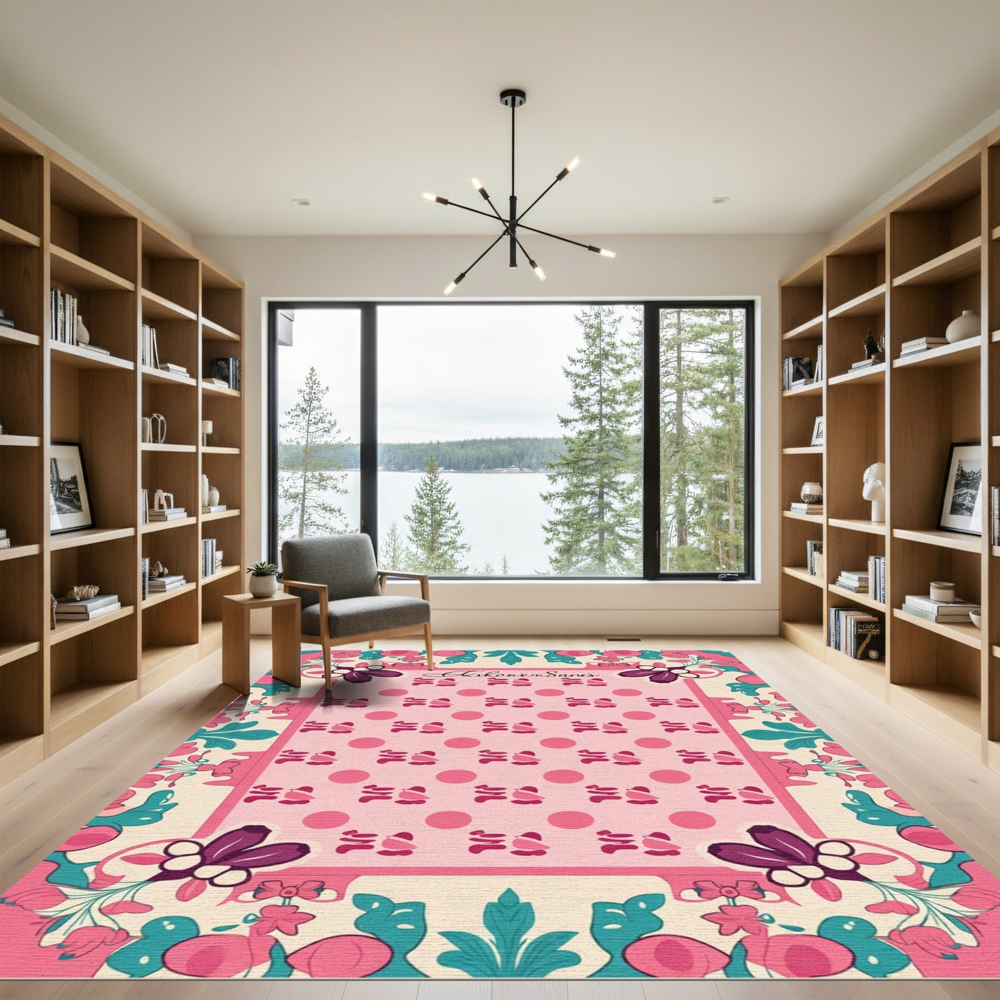 Pink Floral Botanical Polka Dot Rug