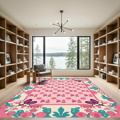 Pink Floral Botanical Polka Dot Rug
