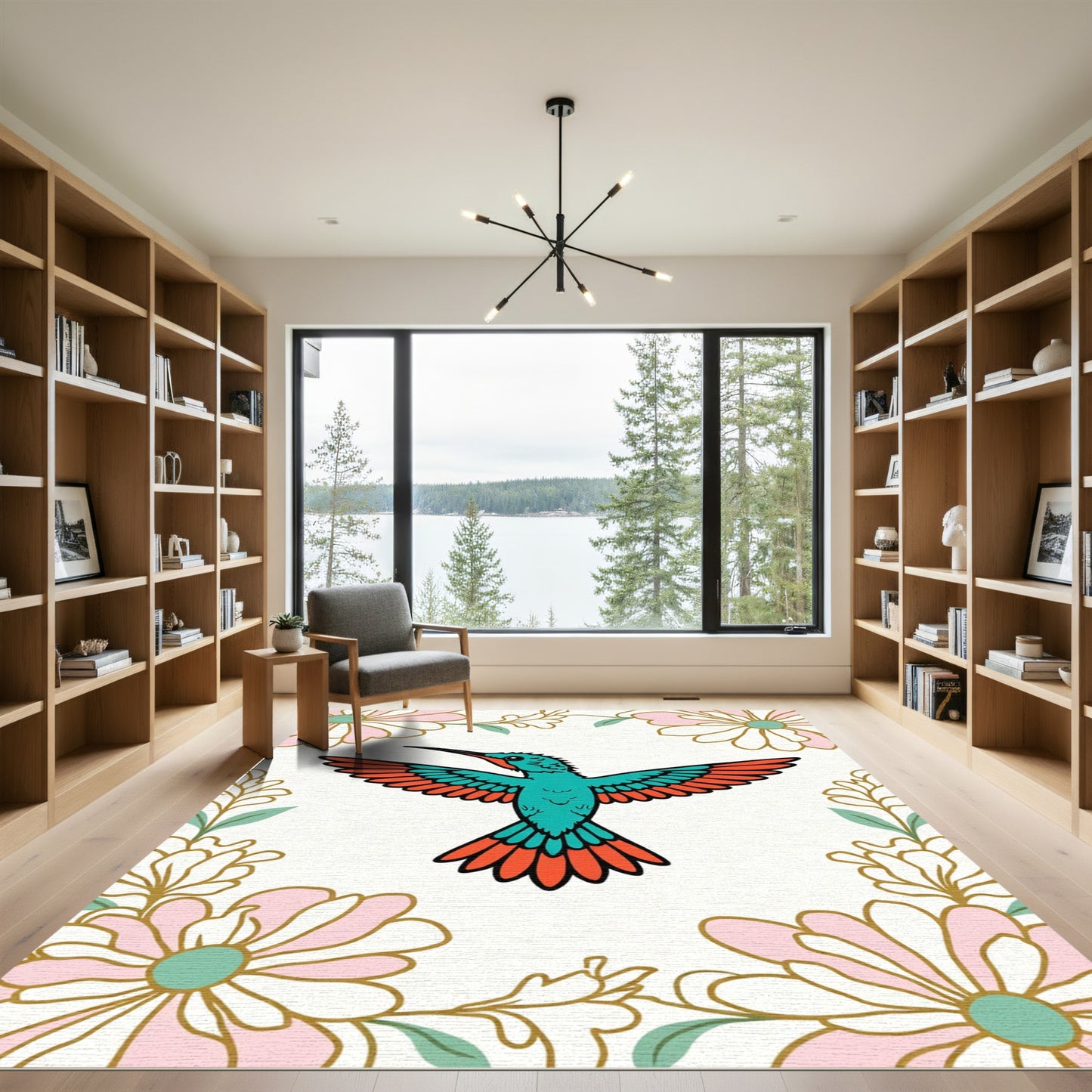 Teal Hummingbird Coral Pink Flowers Rug