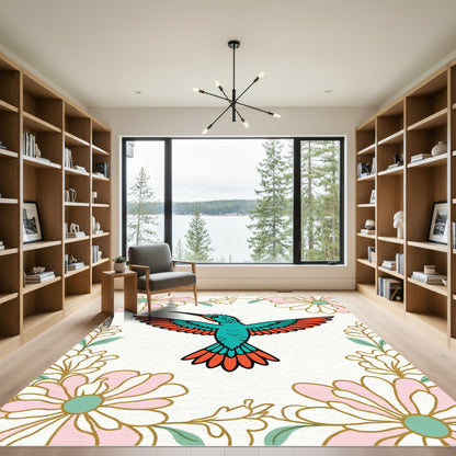 Teal Hummingbird Coral Pink Flowers Rug