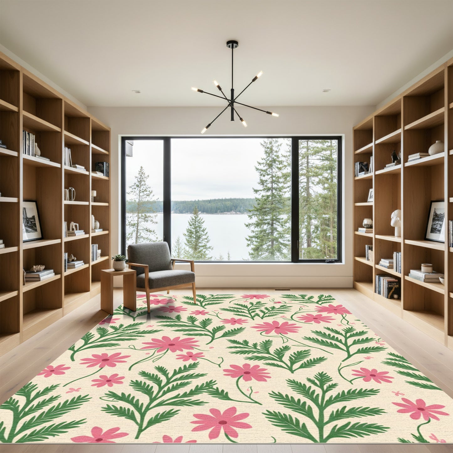 Pink Daisy Green Fern Garden Pattern Rug