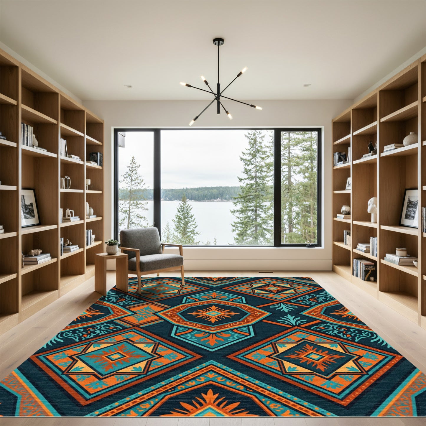 Ornate Teal Orange Geometric Medallion Rug