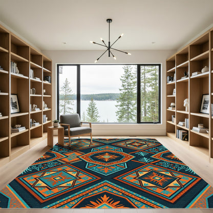 Ornate Teal Orange Geometric Medallion Rug