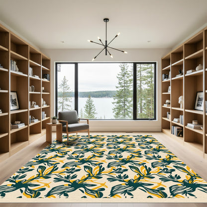 Teal Yellow Abstract Botanical Branch Rug