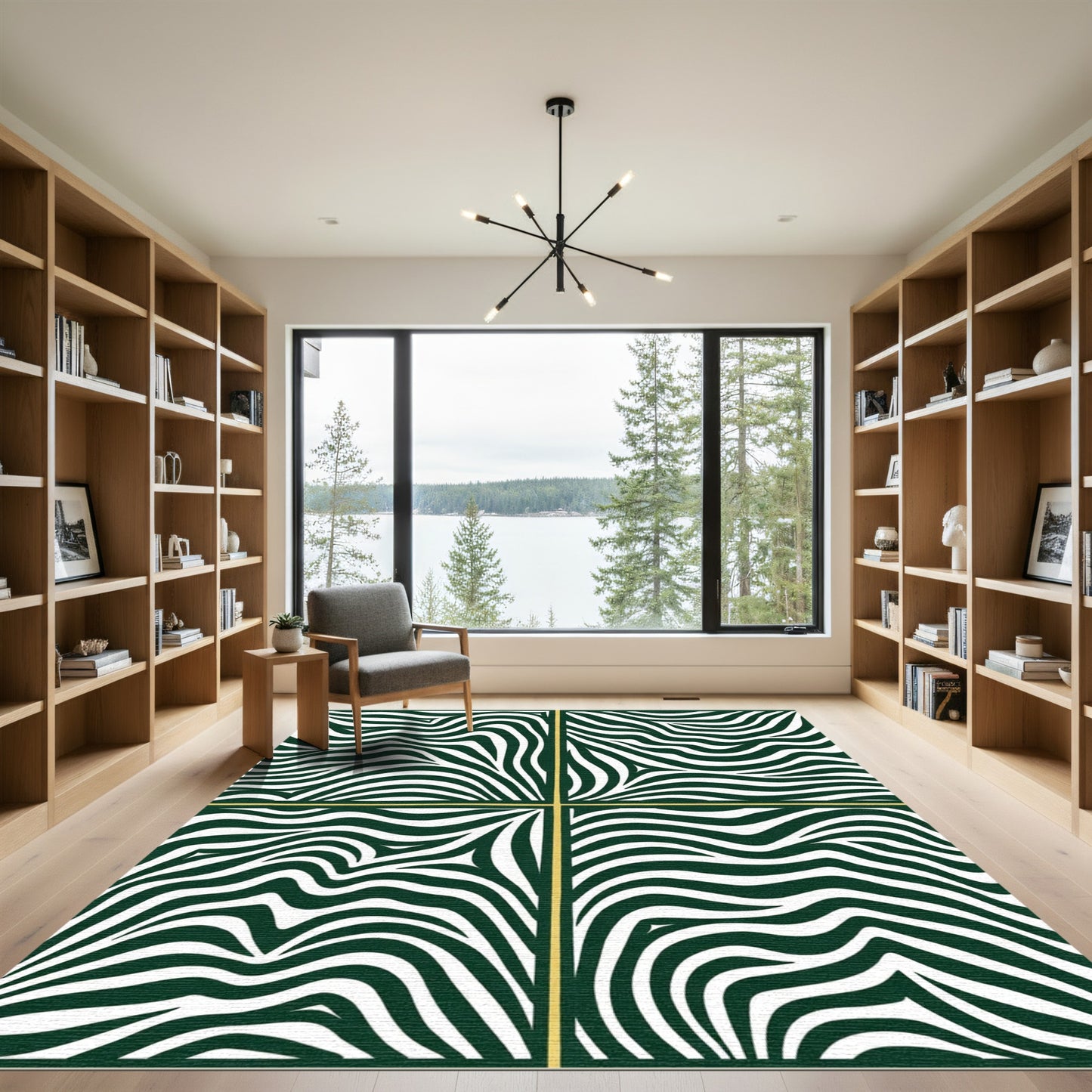 Emerald White Wavy Banded Squares Rug