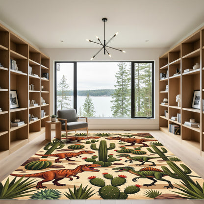 Playful Desert Dinosaur and Cactus Landscape Rug