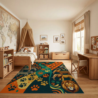 Vibrant Paw Prints Zebras Elephants Lion Rug