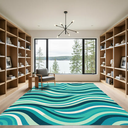 Retro Teal Aqua Wavy Stripes Rug