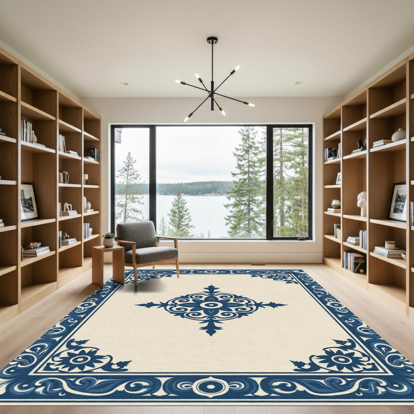 Navy Blue Ornate Floral Inlay Rug