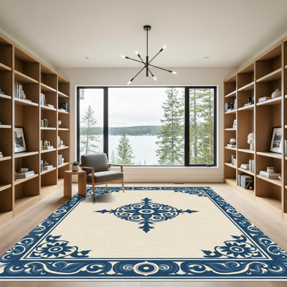 Navy Blue Ornate Floral Inlay Rug